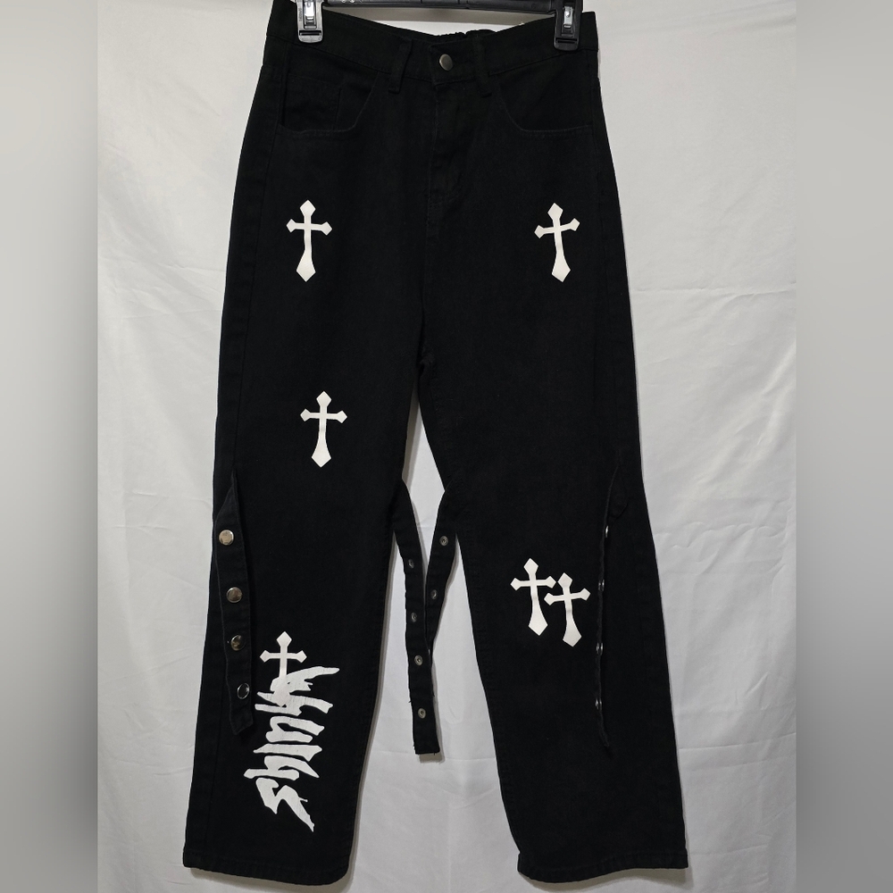 Unbranded Black Jeans with White Crosses and Graphics In A Medium Junior